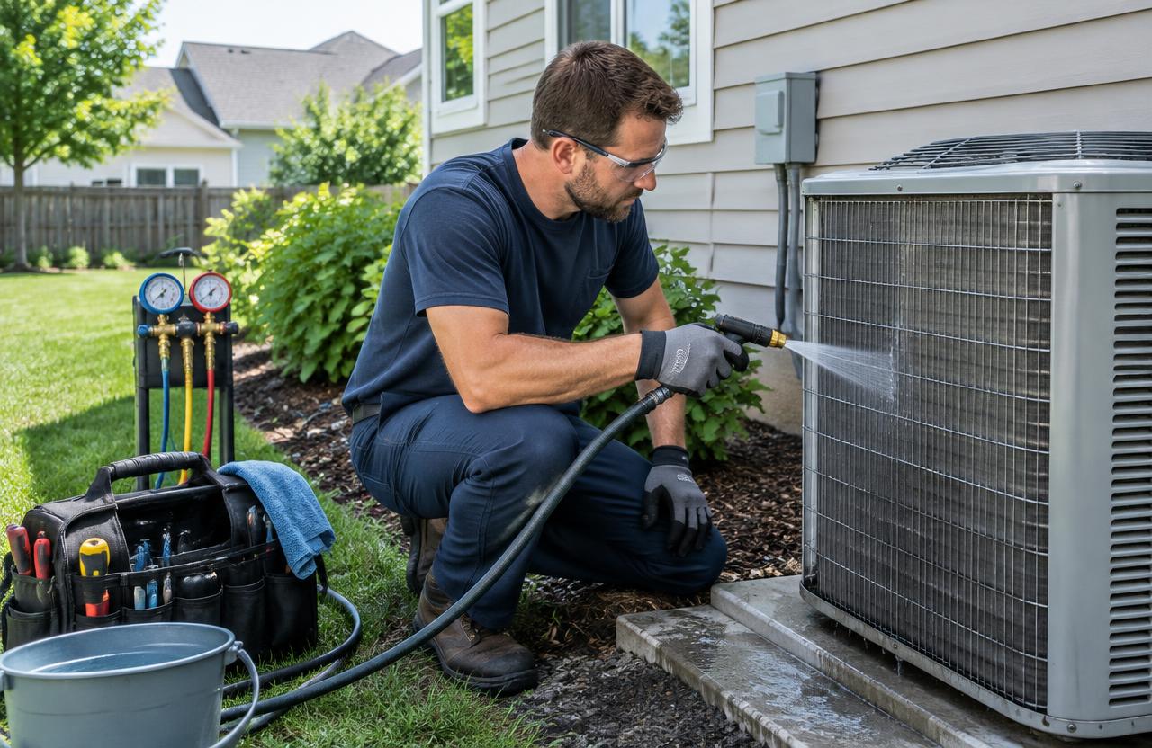 Air conditioning technician cleaning an outdoor condenser coil
