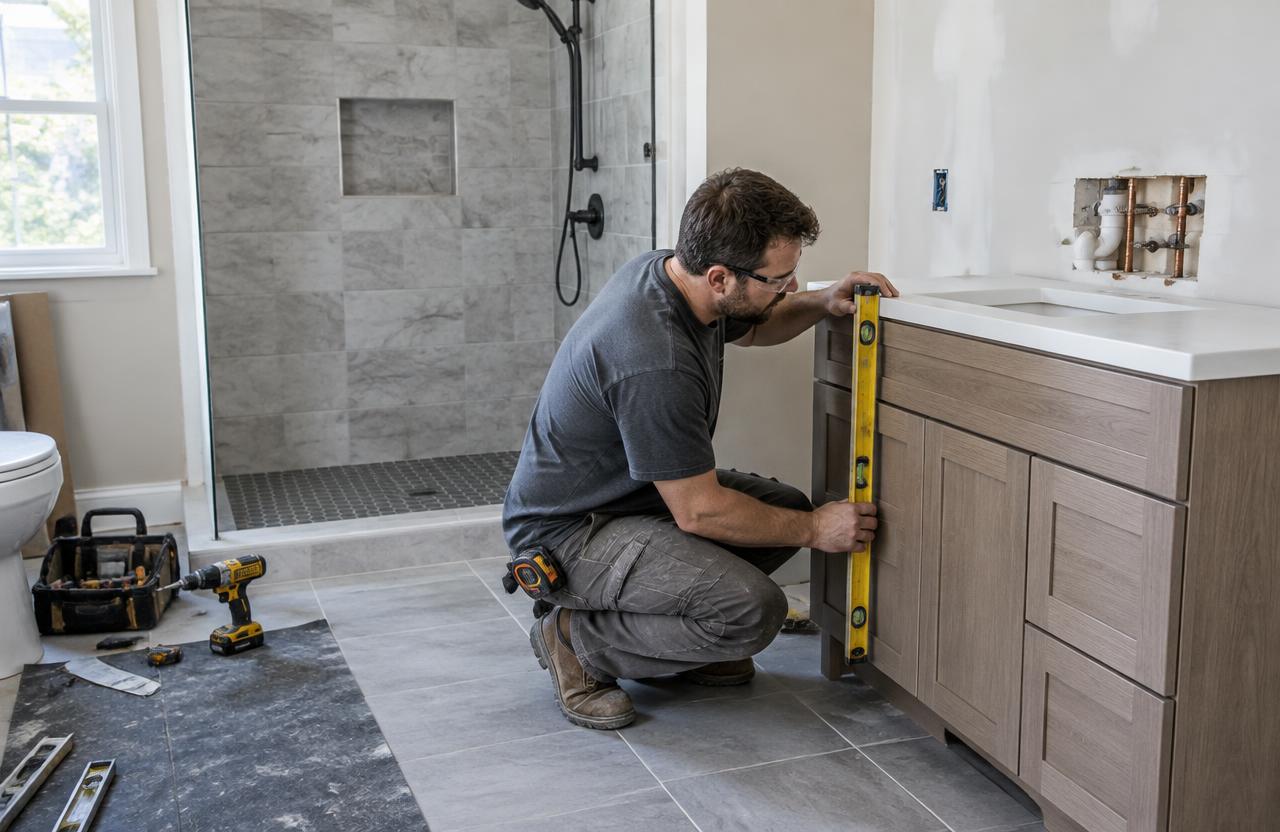 Bathroom remodeler aligning a new vanity cabinet