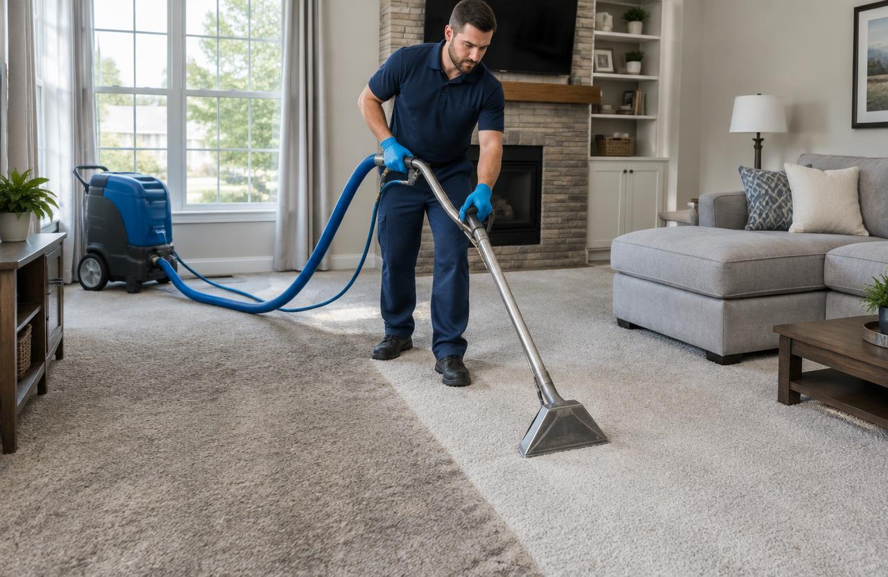 Carpet cleaner using an extraction wand in a living room