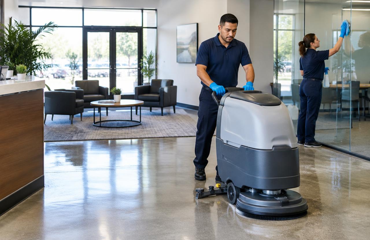 Commercial cleaners scrubbing a lobby floor and wiping glass