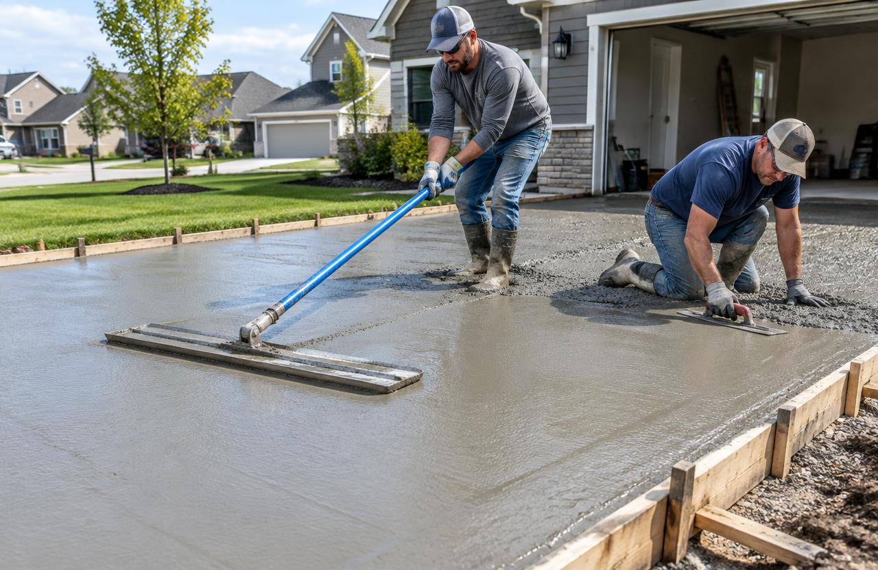 Concrete finishers smoothing a freshly poured driveway