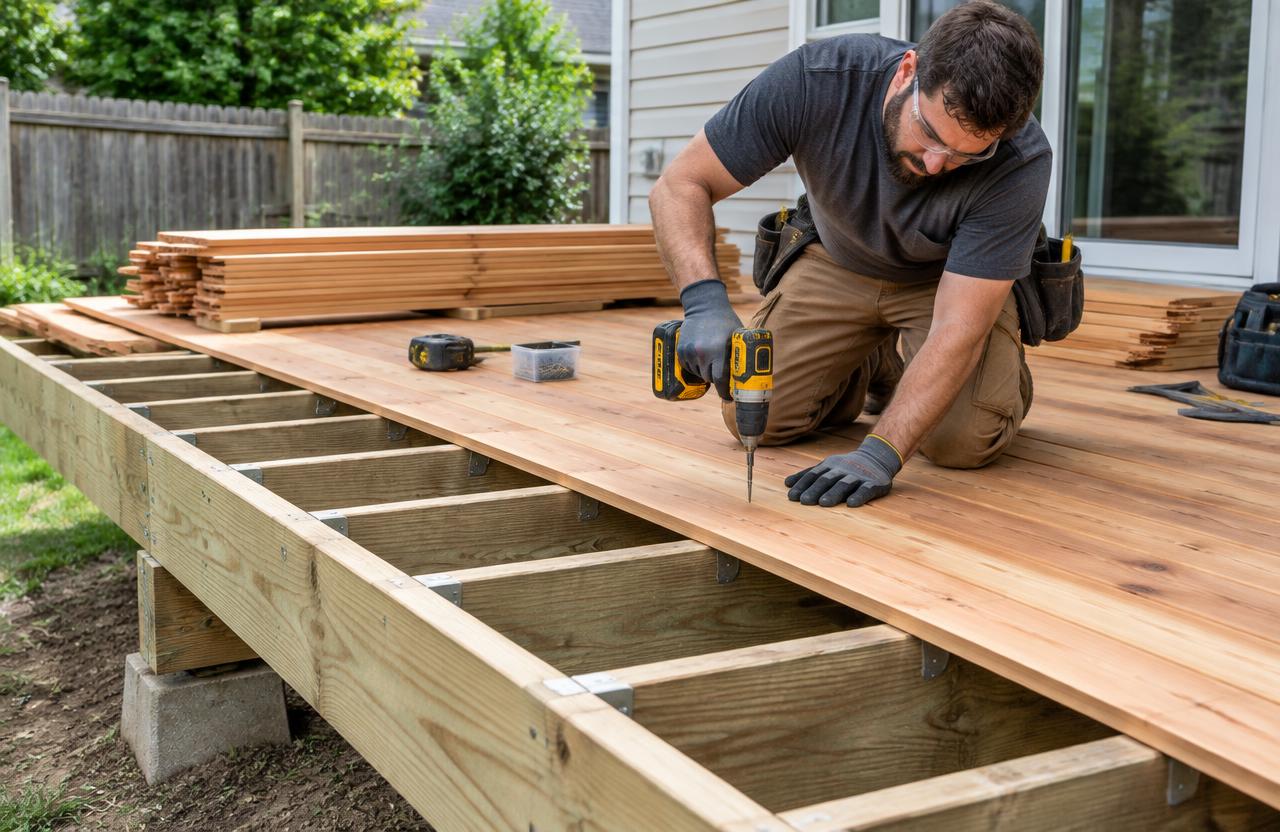 Deck carpenter fastening boards onto backyard deck framing