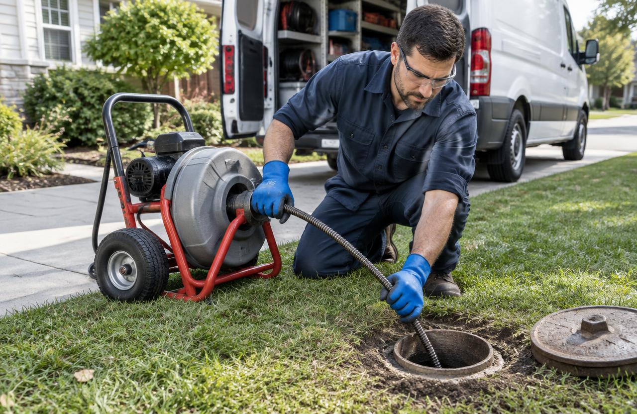 Drain cleaning technician feeding a drain snake into an outdoor cleanout