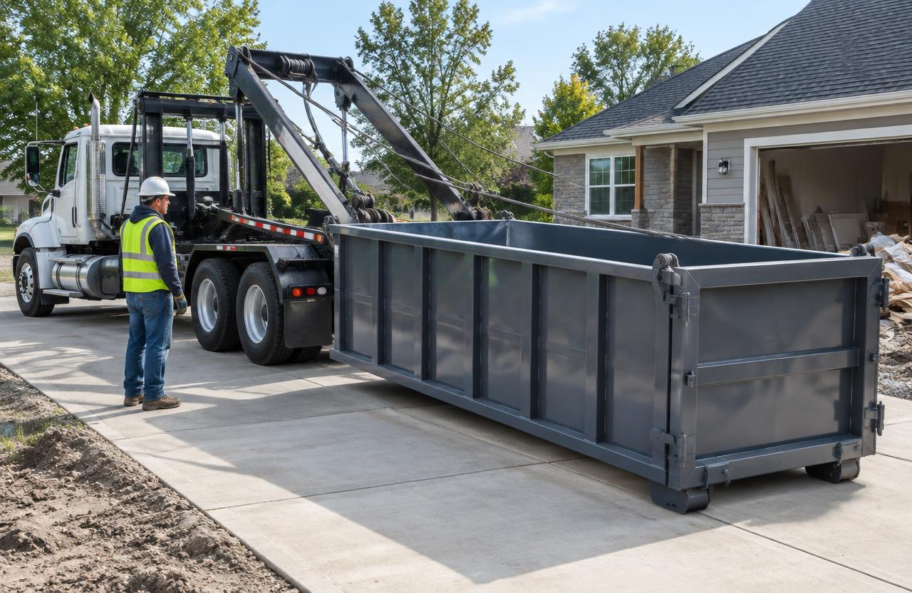 Roll-off dumpster delivery at a residential renovation site