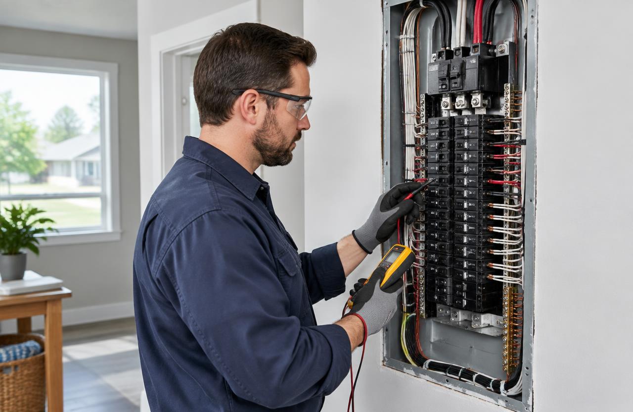 Electrician checking a residential breaker panel with a meter