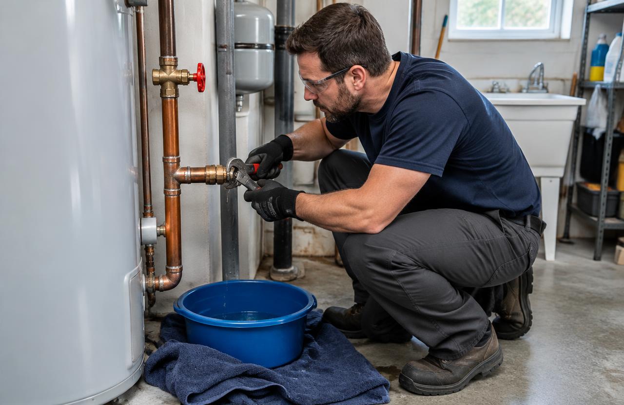 Emergency plumber repairing a leaking pipe in a utility room