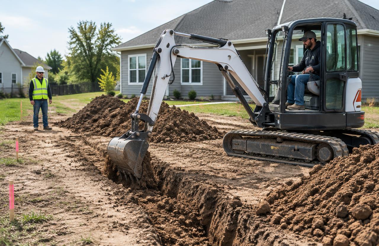 Excavation contractor digging a residential trench with a compact excavator