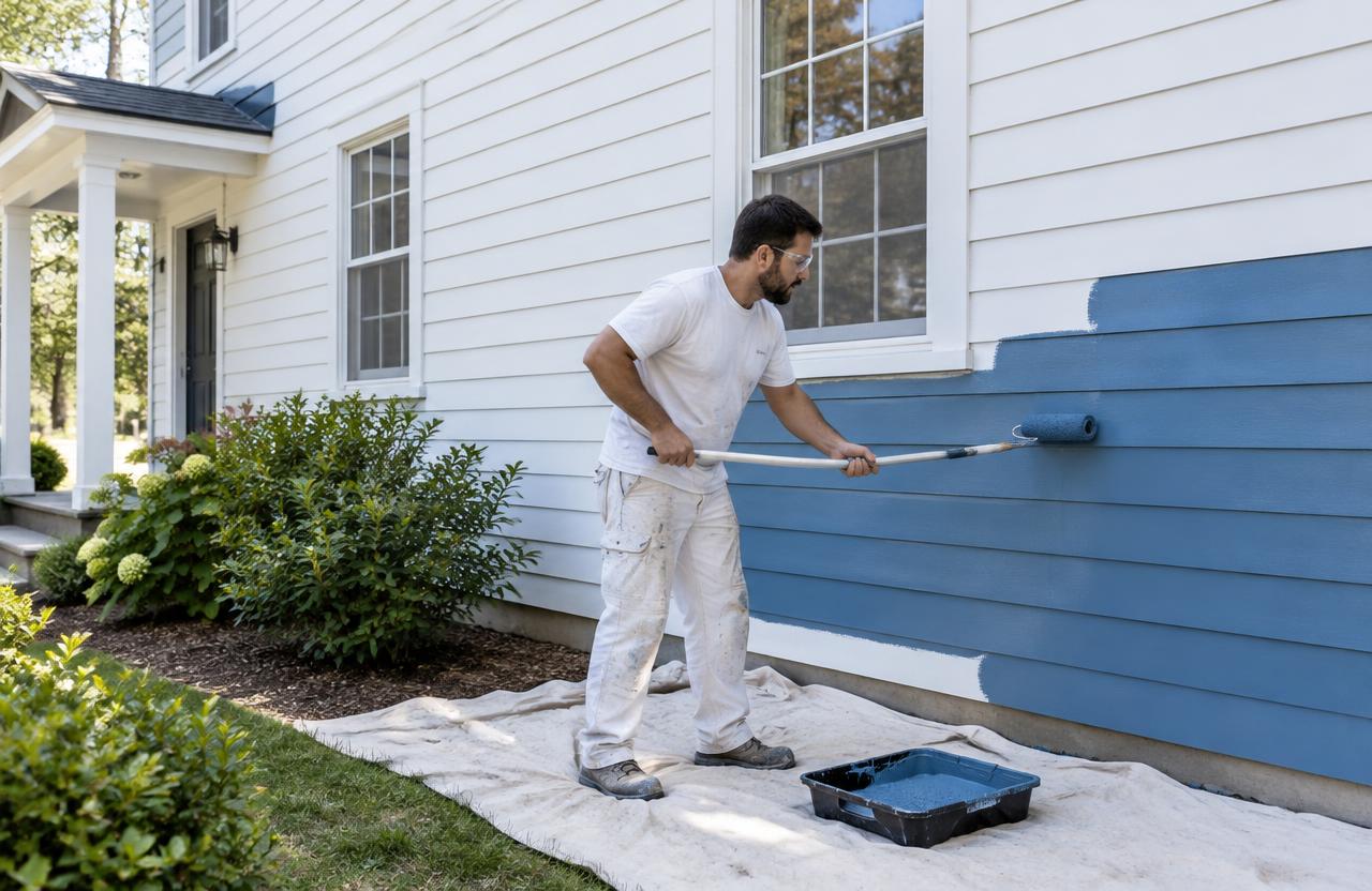 Exterior painter rolling blue paint onto house siding