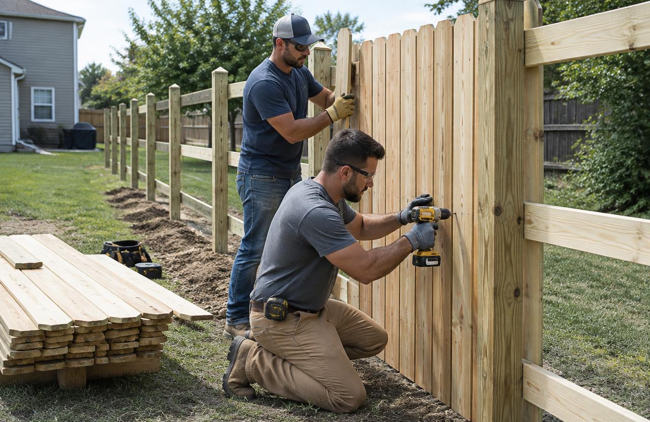 Fence installers fastening wooden pickets onto backyard fence rails