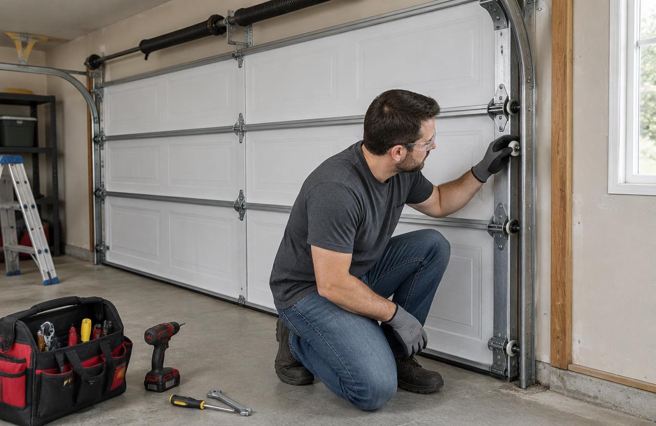 Garage door technician inspecting a sectional door roller and track