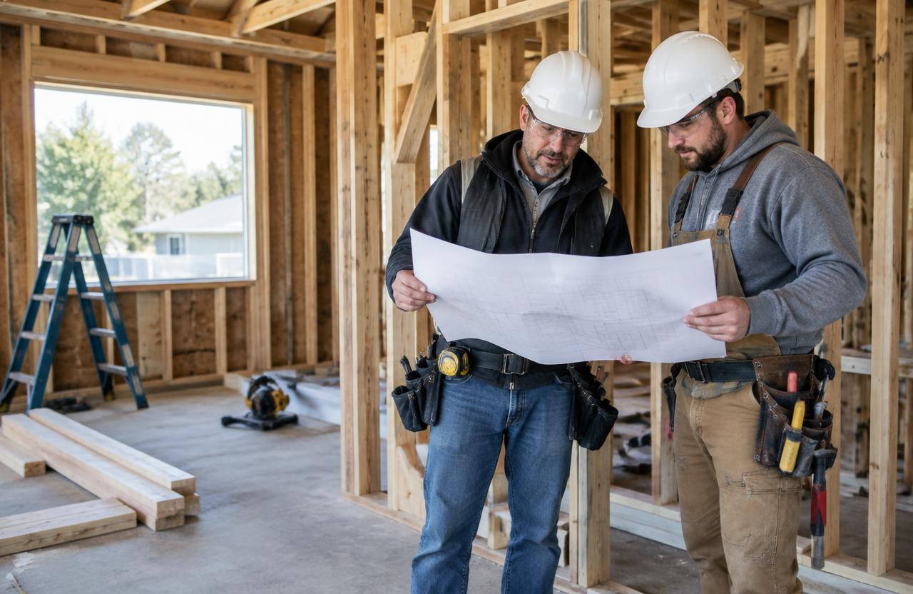 General contractor and carpenter reviewing plans beside residential framing
