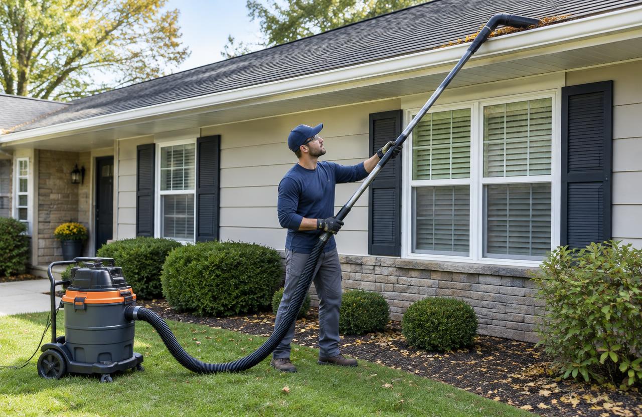 Technician using a telescopic vacuum to clear leaves from a rain gutter