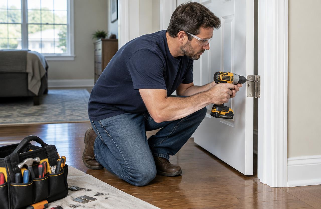 Handyman repairing an interior door hinge
