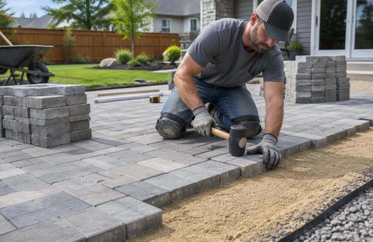 Hardscape installer laying interlocking patio pavers