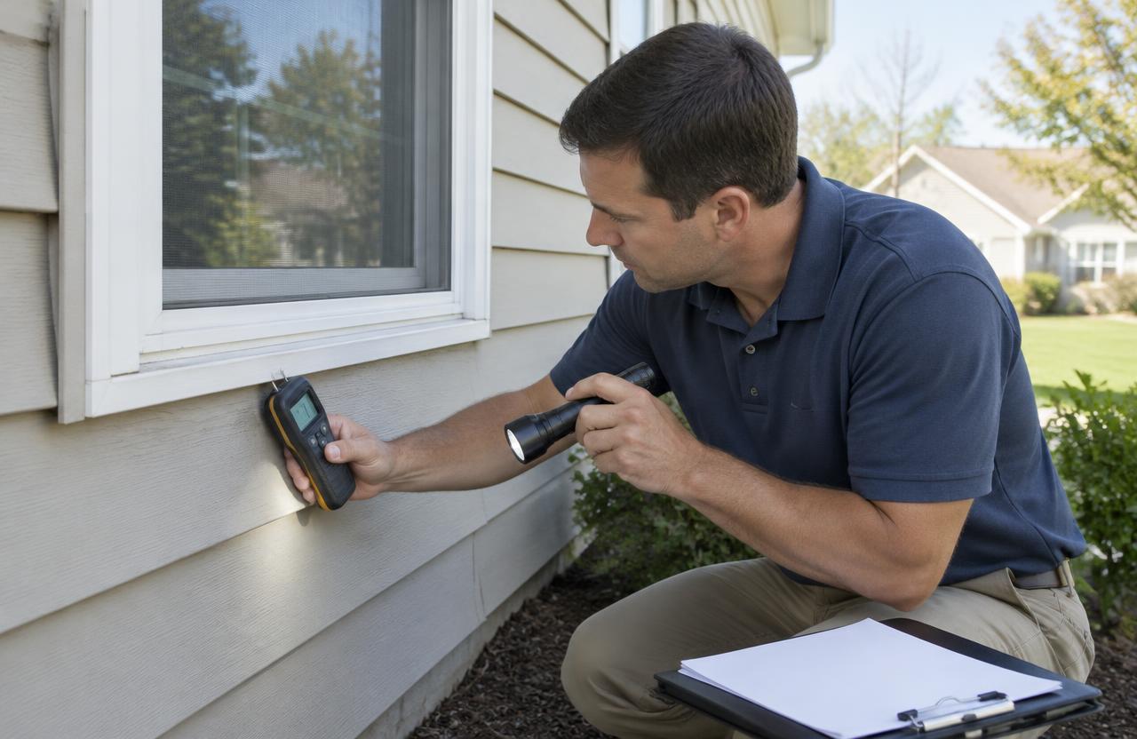 Home inspector checking a wall near a window with a moisture meter