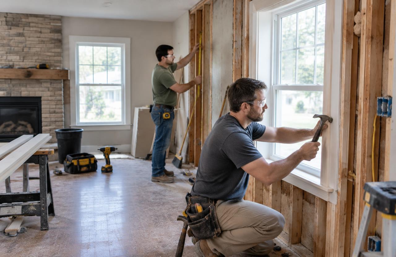 Remodeling crew fitting window trim in a partially renovated room