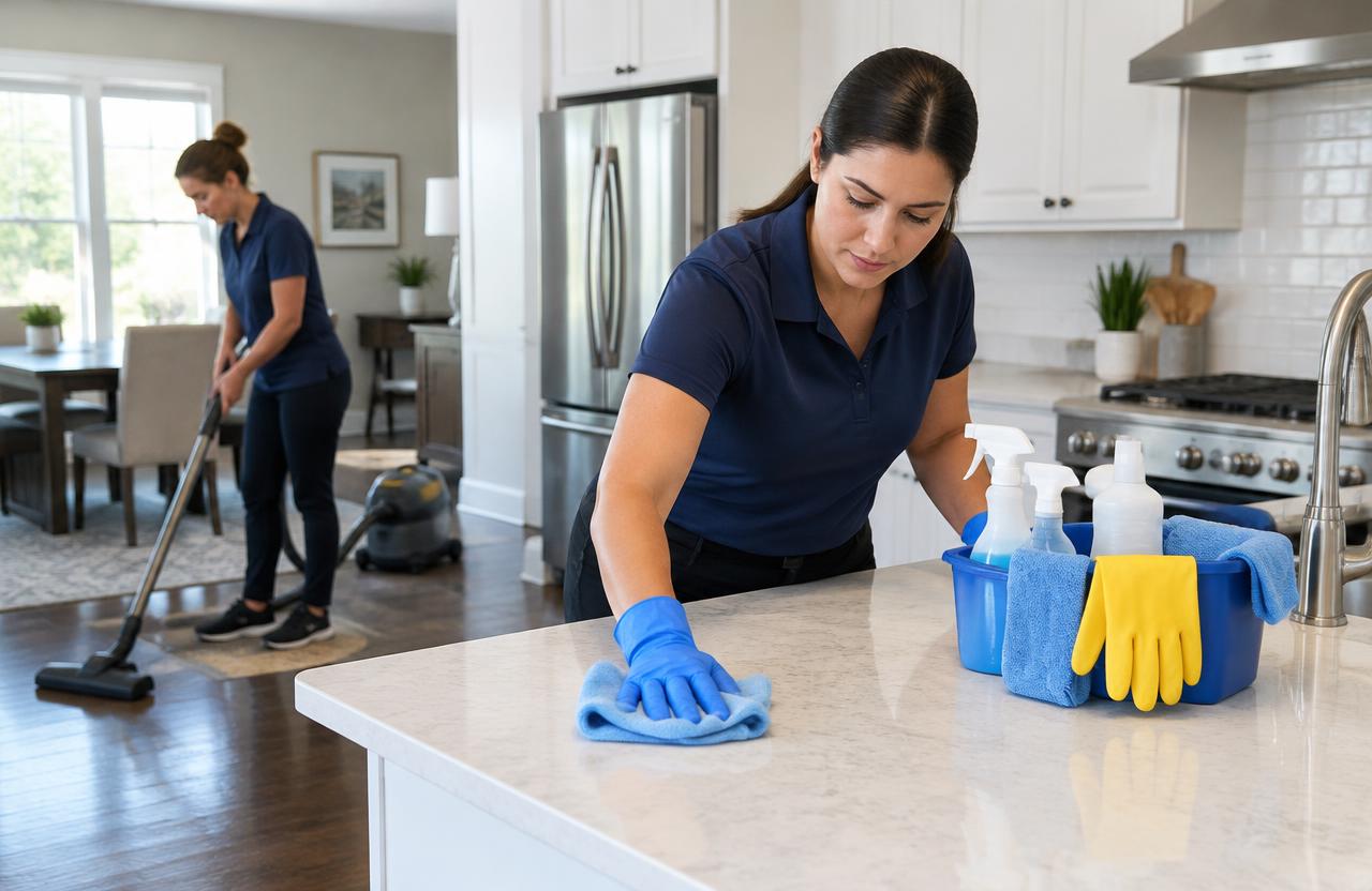 House cleaning professionals wiping counters and vacuuming a home
