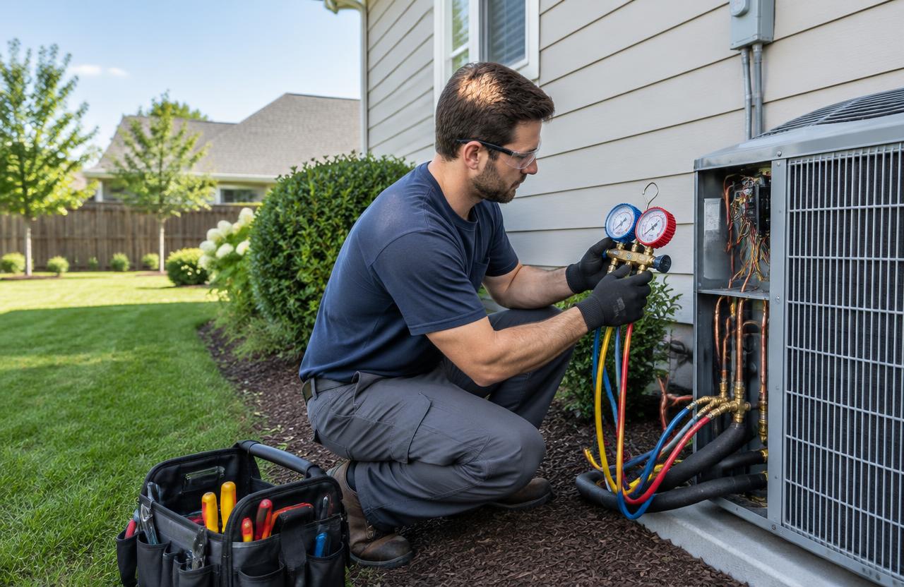 HVAC technician checking an outdoor condenser with manifold gauges