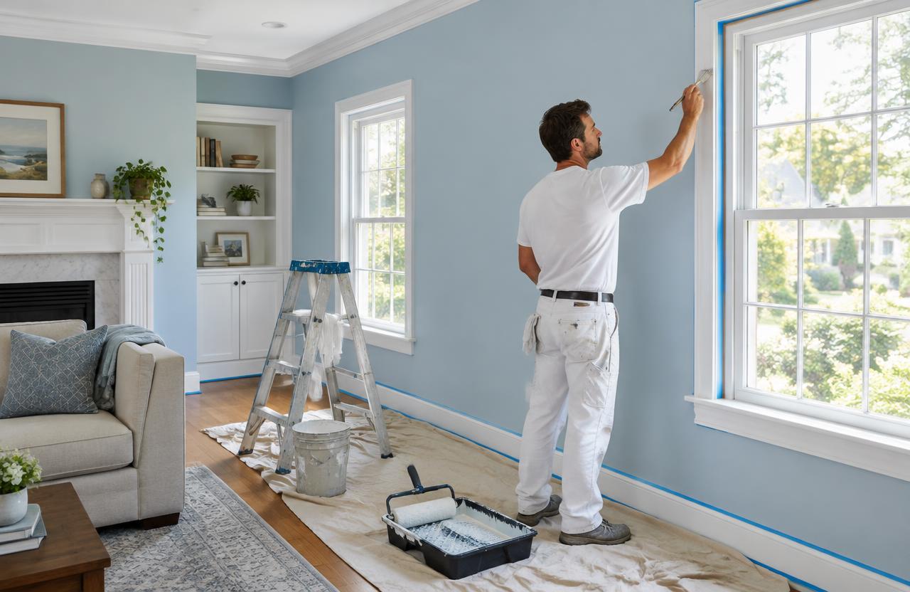 Interior painter brushing around window trim in a living room