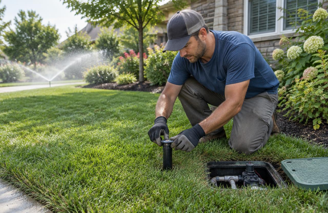Irrigation technician adjusting a lawn sprinkler beside a valve box