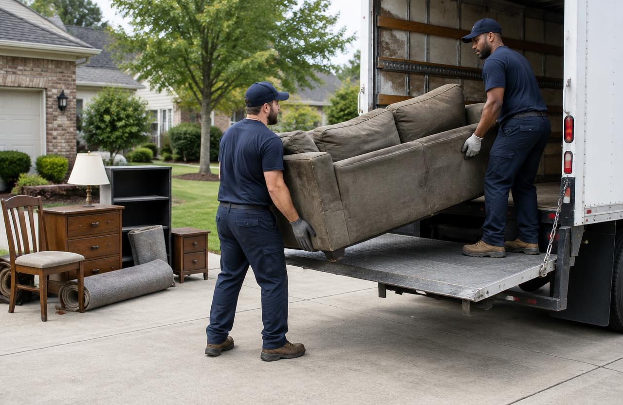 Junk removal crew loading unwanted furniture onto a truck liftgate