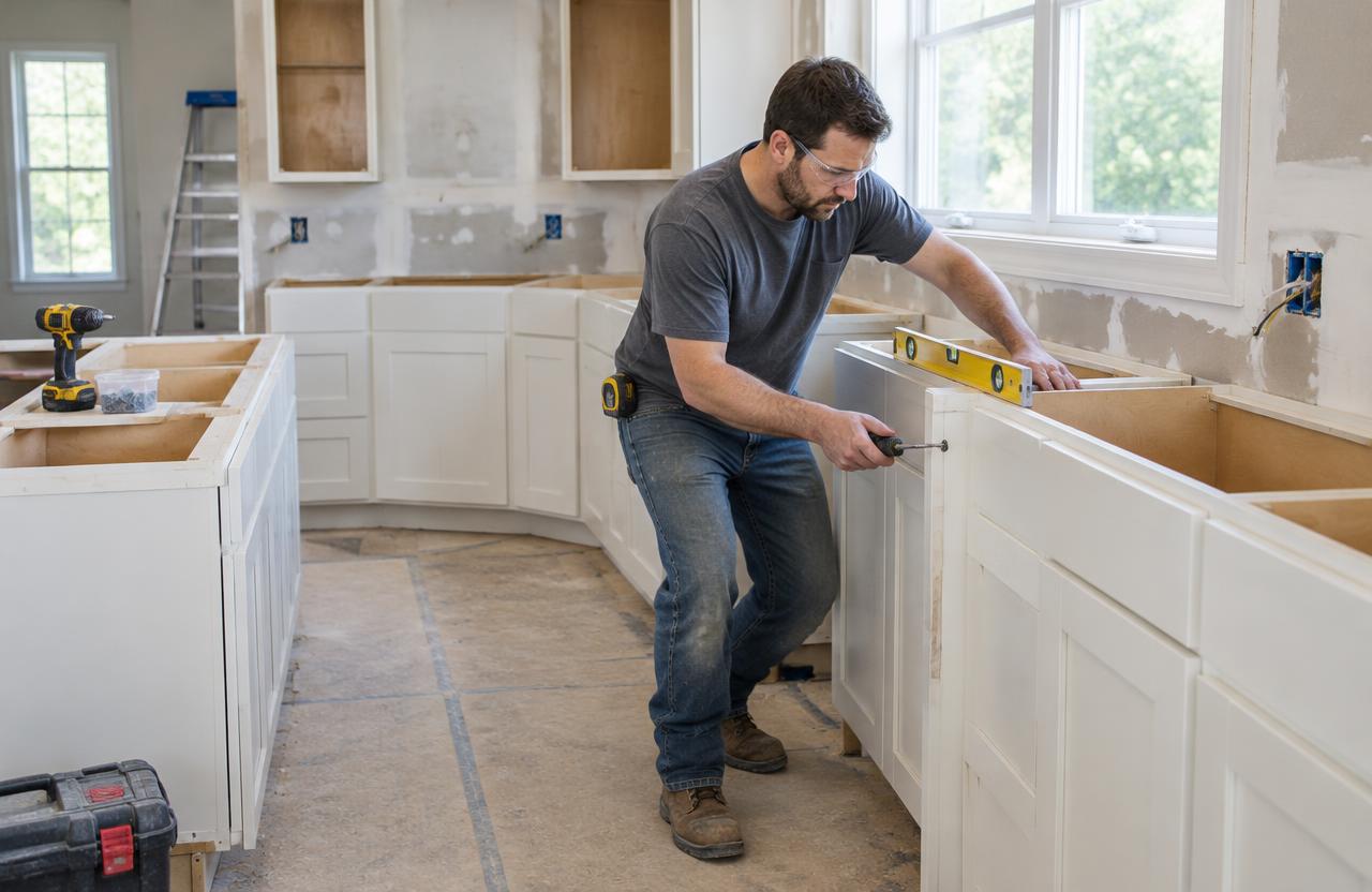 Kitchen remodeler leveling and installing new base cabinets