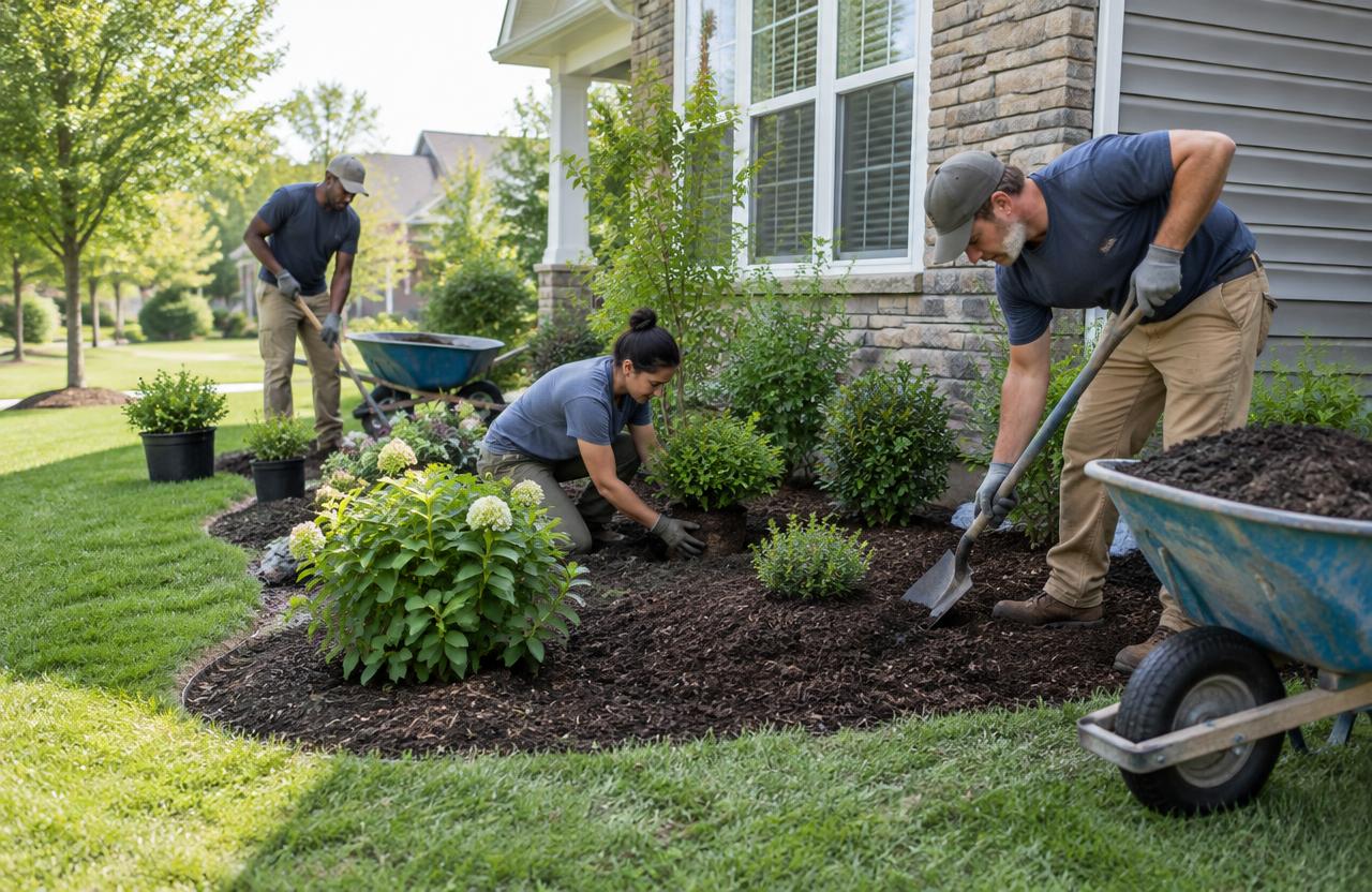 Landscaping crew planting shrubs and mulching a residential garden bed