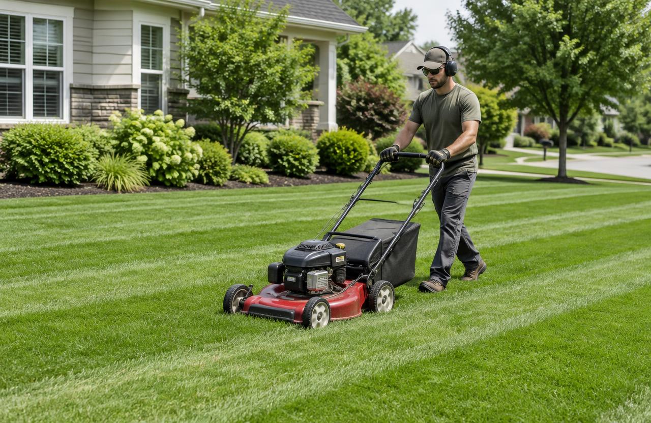 Lawn care professional mowing a striped suburban lawn