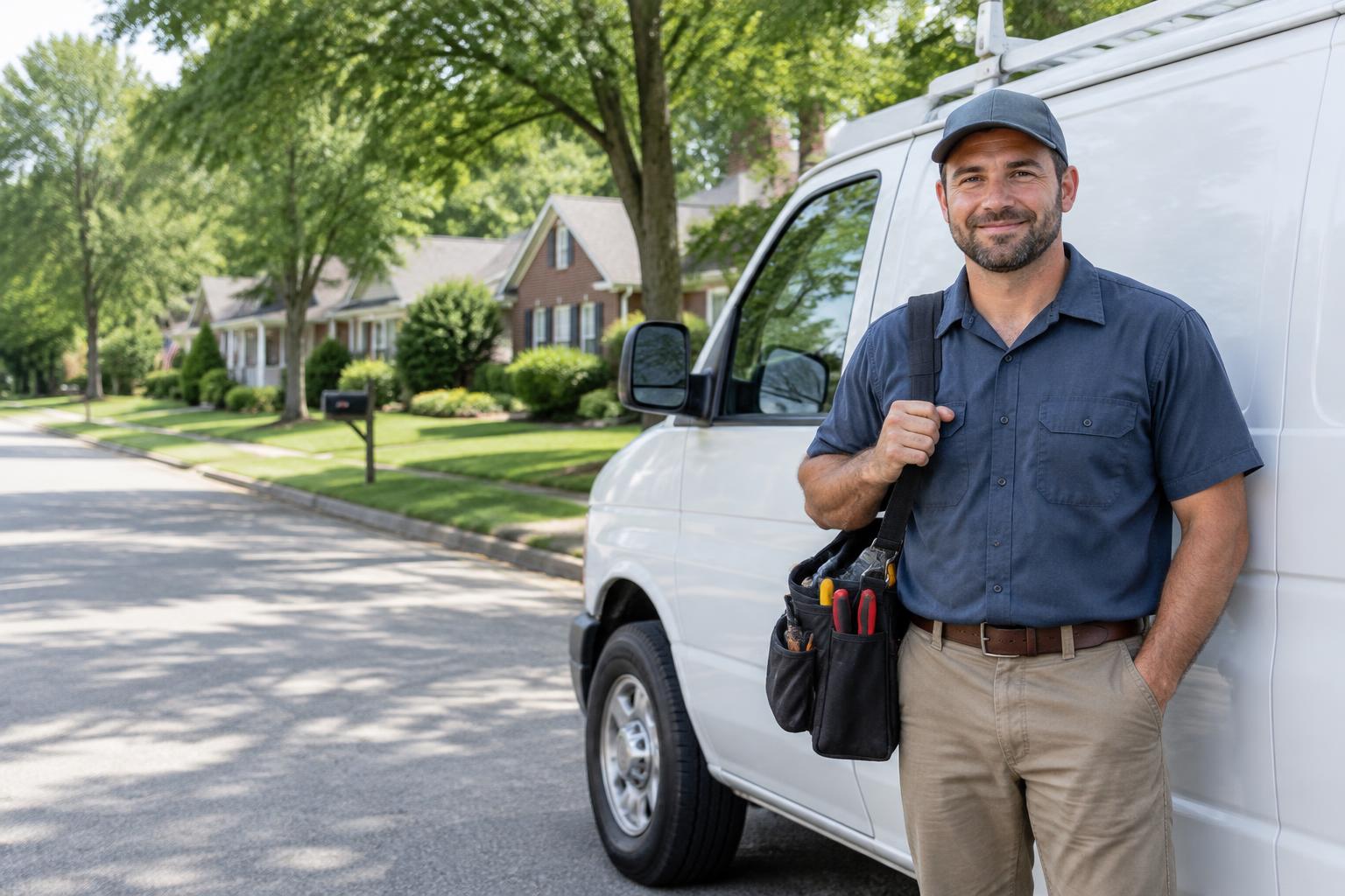 A local service business owner beside a work van in a residential Alabama neighborhood