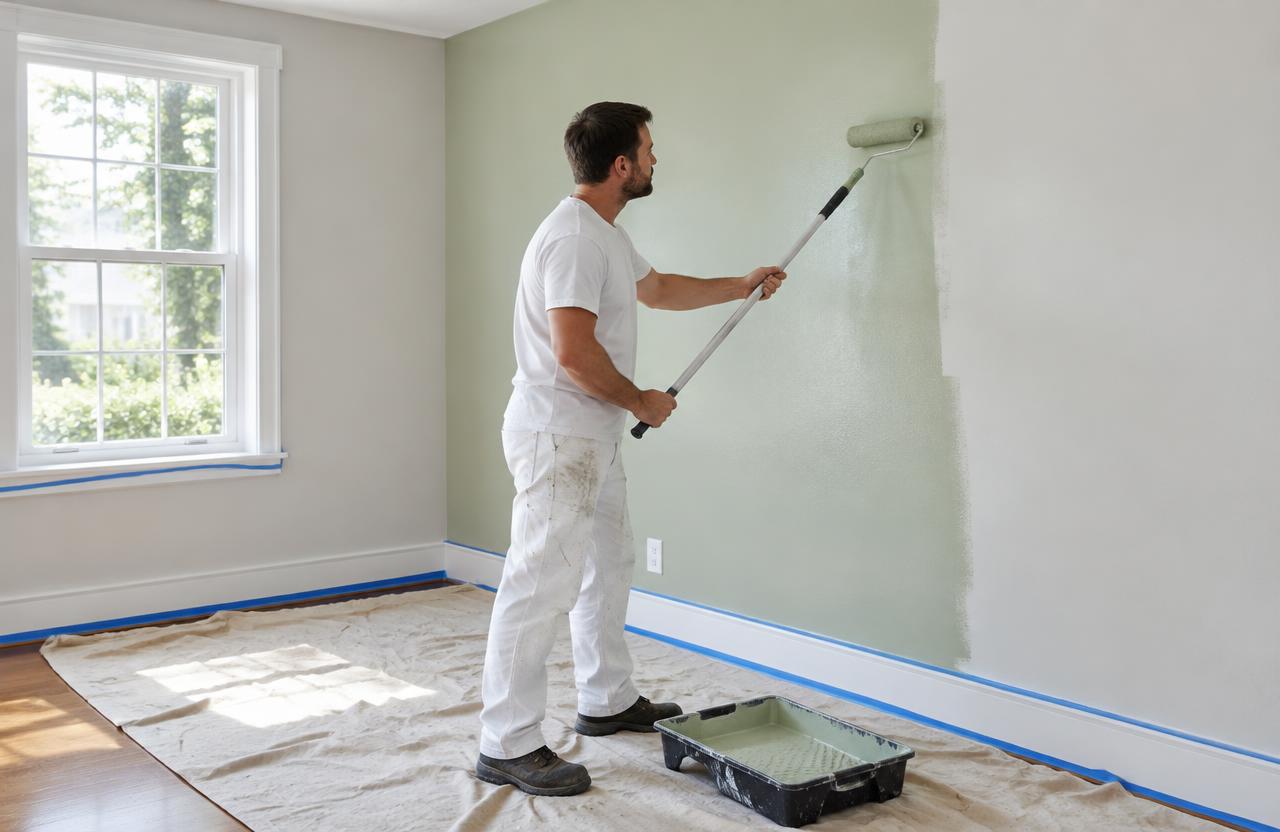 Professional painter rolling fresh paint onto a residential wall