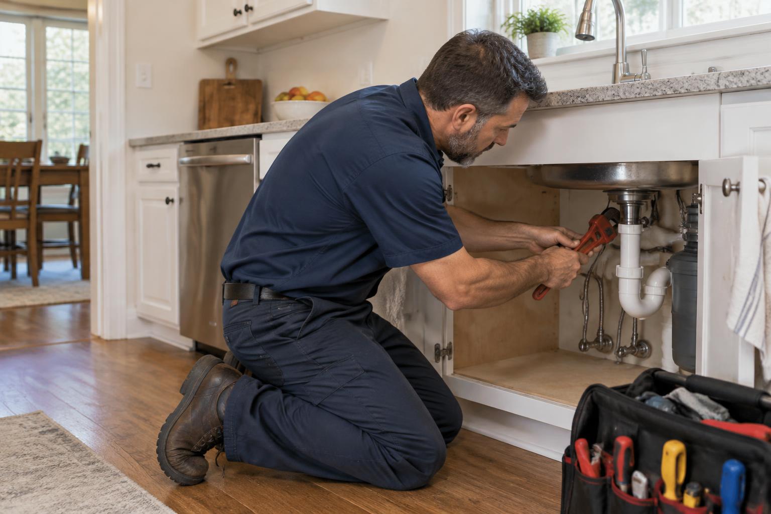 Plumber repairing drain pipes beneath a kitchen sink