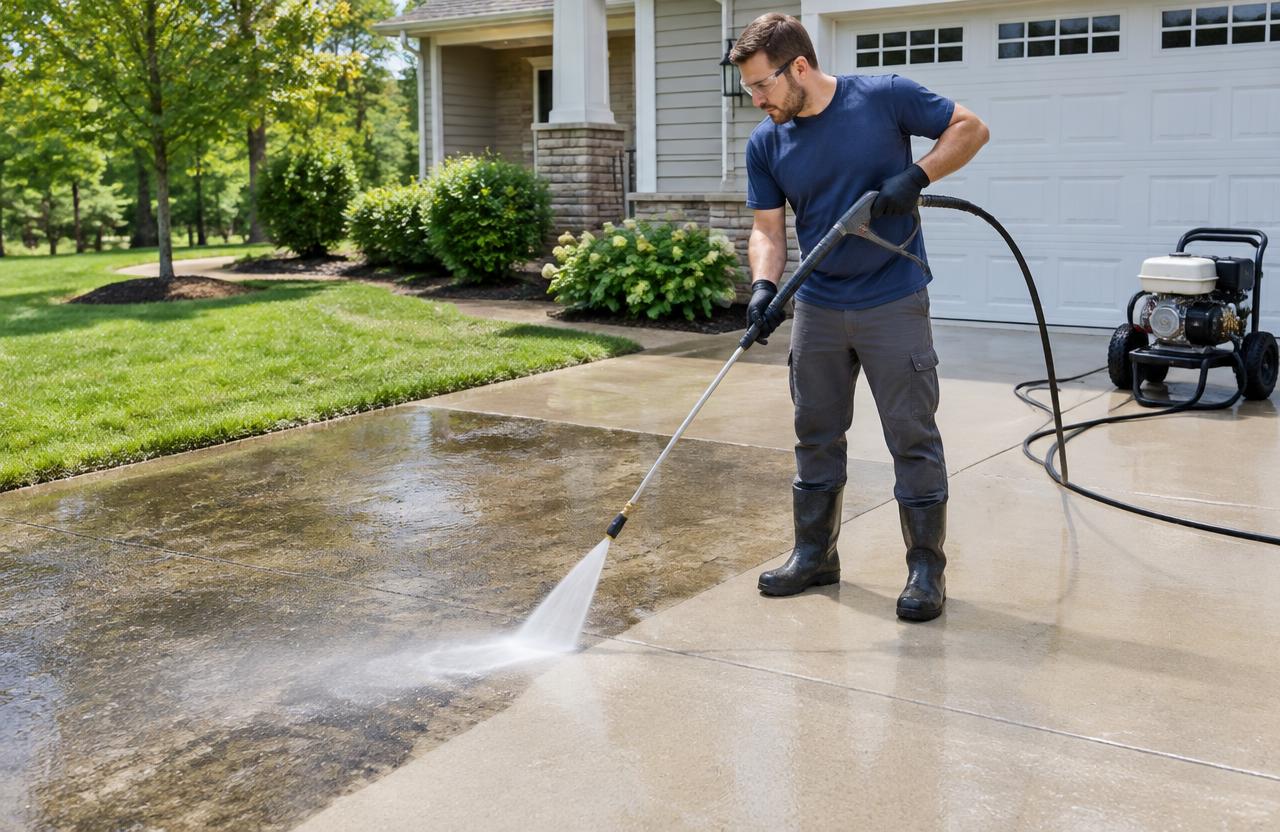 Pressure washing technician cleaning a residential driveway