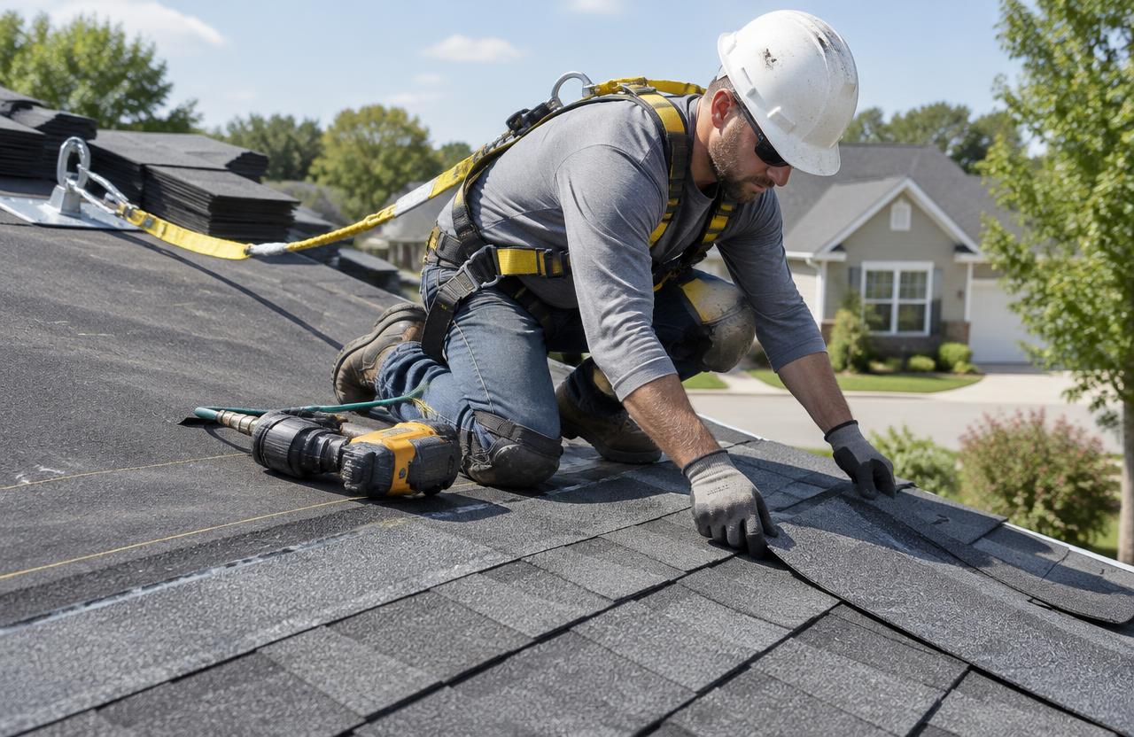 Roofer wearing a safety harness installing asphalt shingles
