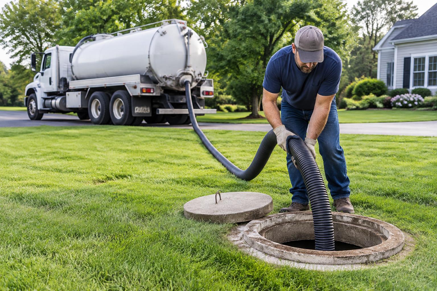 Septic technician pumping a residential septic tank with a vacuum truck