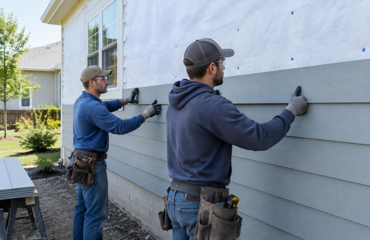 Siding installers aligning a new exterior siding board