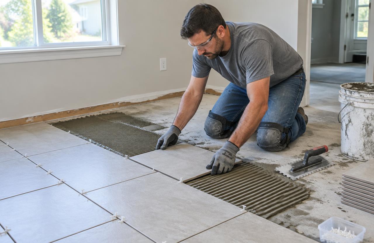 Tile installer laying ceramic tiles into thinset mortar