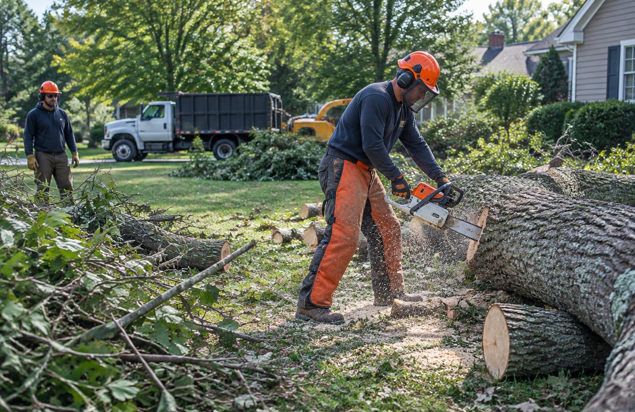 Arborist wearing protective equipment cutting a fallen tree trunk