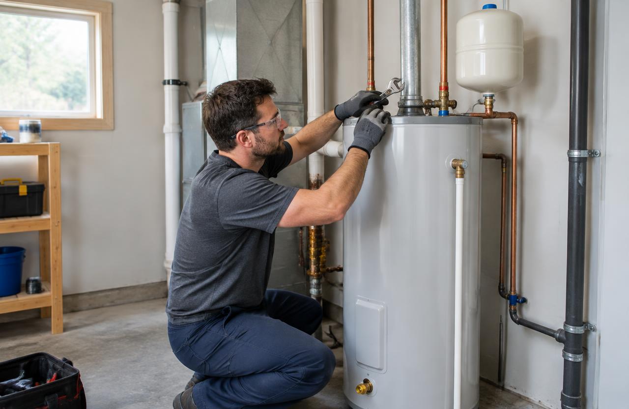 Water heater technician checking connections on a residential tank